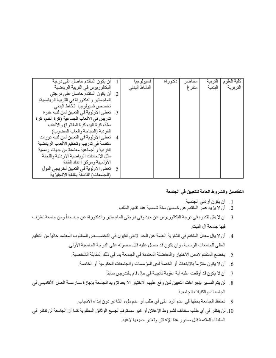 تعلن جامعــة آل البيت عن حاجتها إلى تعيين أعضاء هيئة تدريس، والتعاقد مع محاضرين متفرغين  