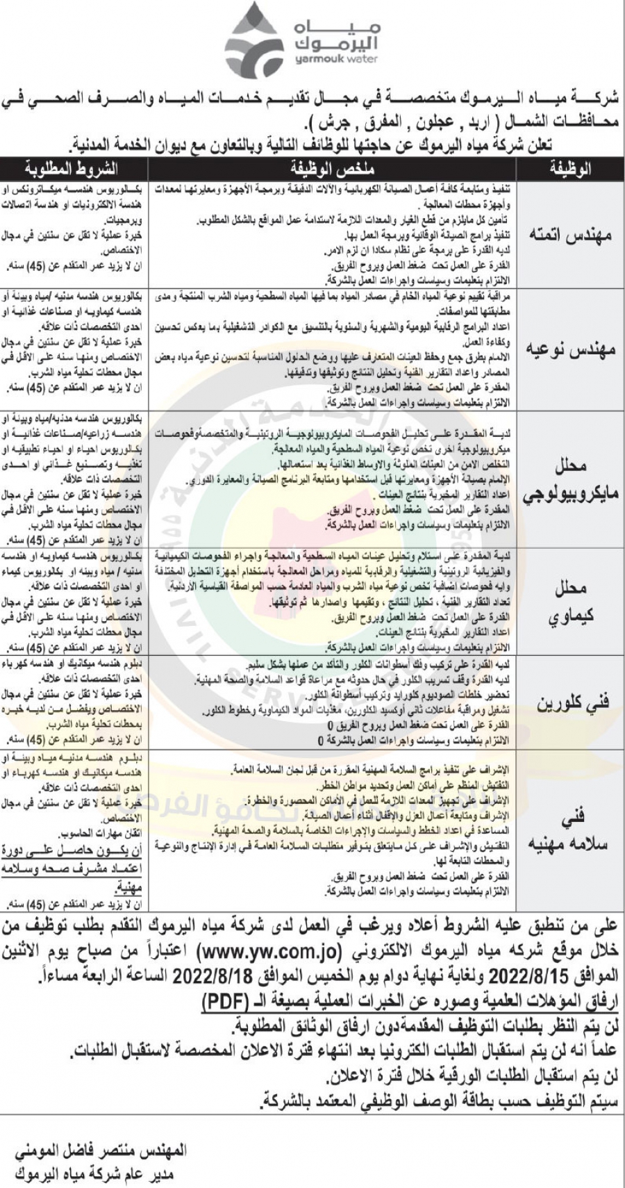 وظائف شاغرة لدى شركة مياه اليرموك في مختلف التخصصات