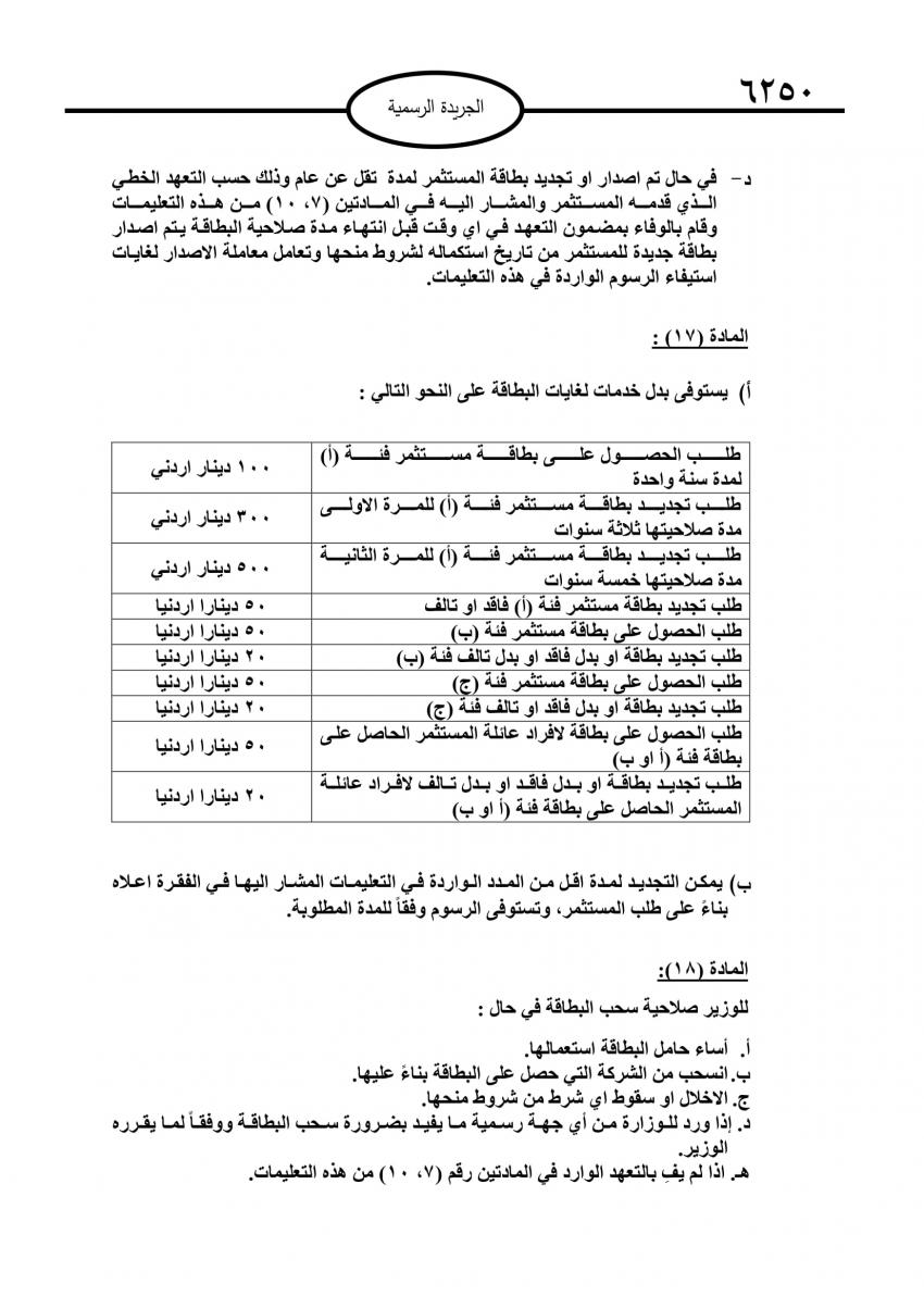 تعليمات منح بطاقة المستثمر وافراد عائلته تدخل حيز التنفيذ