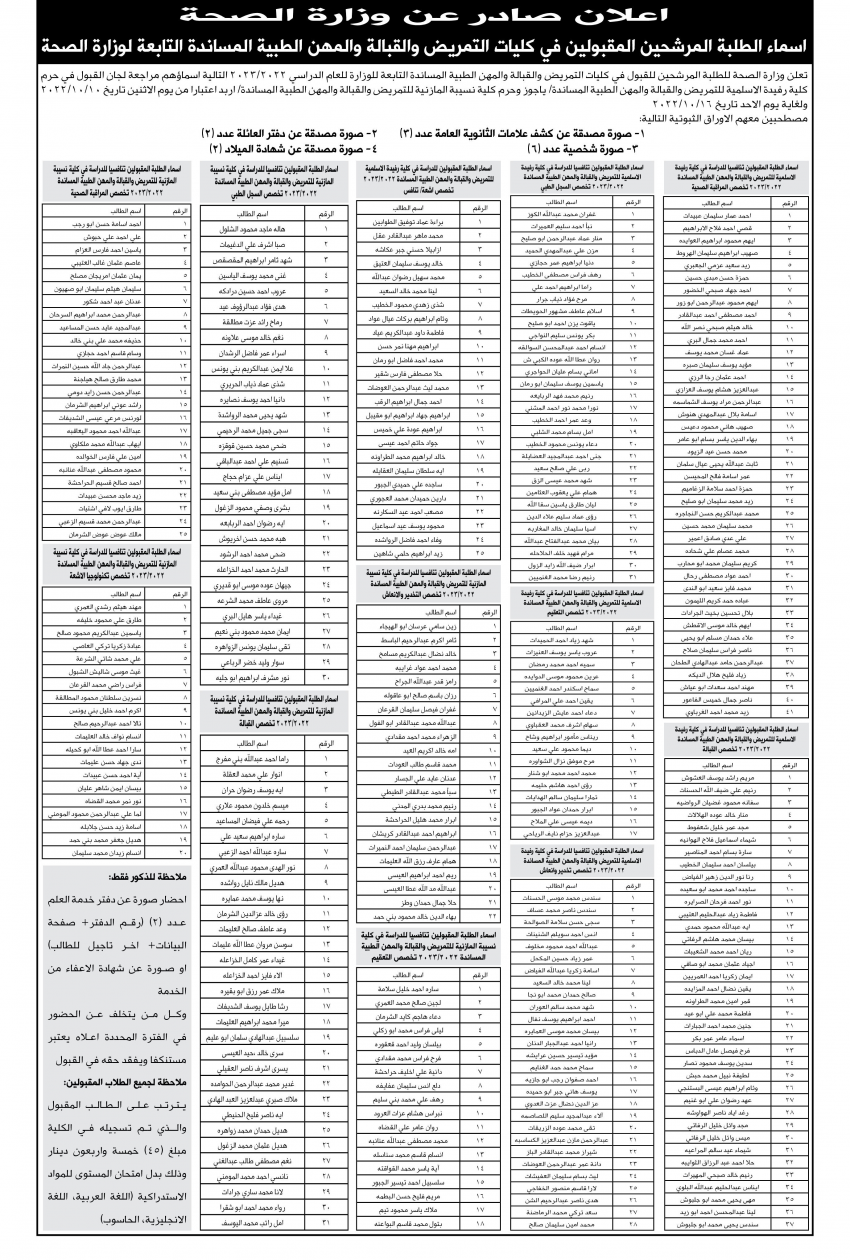 المقبولون في كليات التمريض والقبالة التابعة للصحة (أسماء)