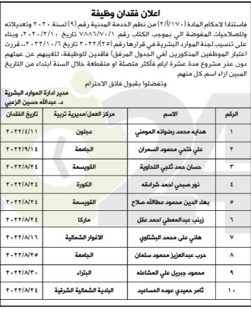 التربية تُعلن فقدان وظيفة لعدد من موظفيها - أسماء