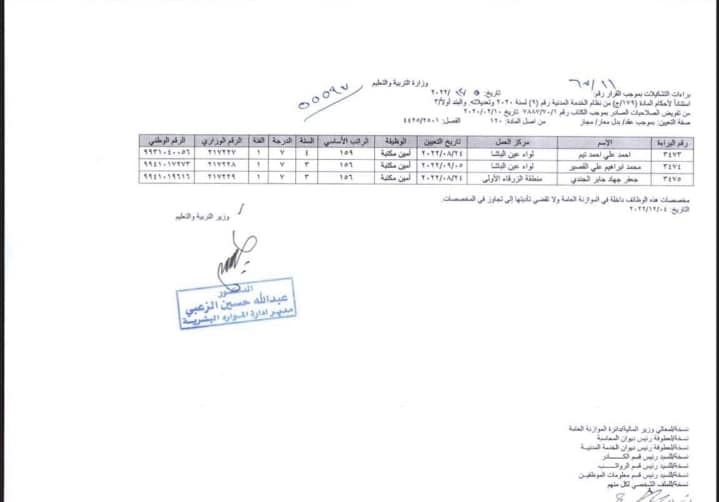 التربية تعلن صدور الارقام الوزارية لدفعة من التعيينات الجديدة - اسماء