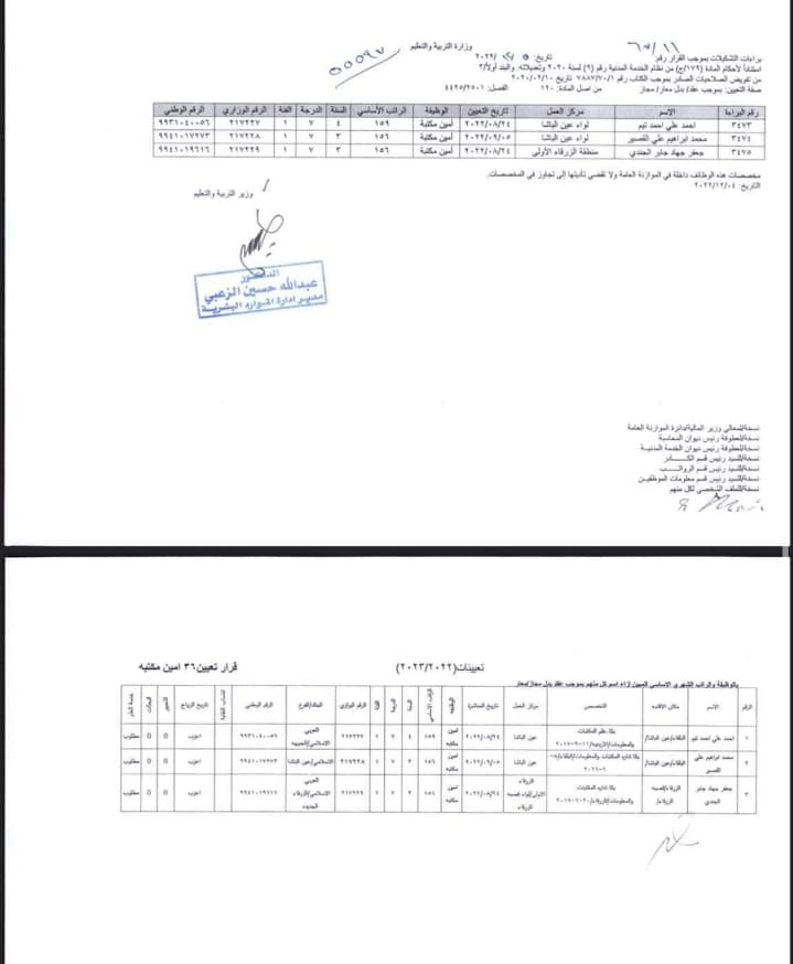 التربية تعلن صدور الارقام الوزارية لدفعة من التعيينات الجديدة - اسماء