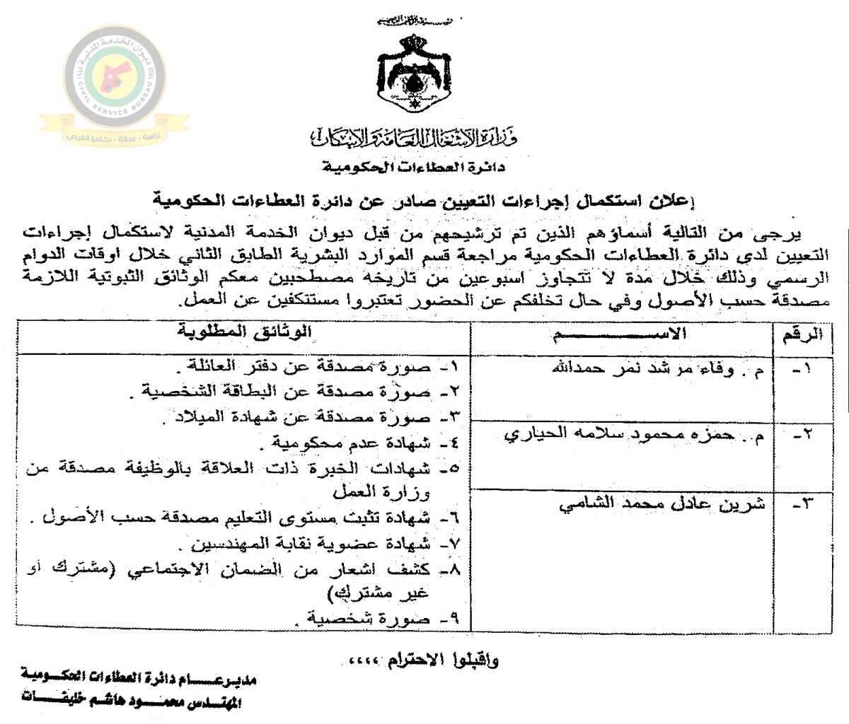 مدعوون للتعيين ووظائف حكومية شاغرة (أسماء)