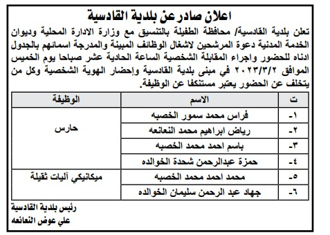 وظائف شاغرة ومدعوون للتعيين (أسماء + تفاصيل)