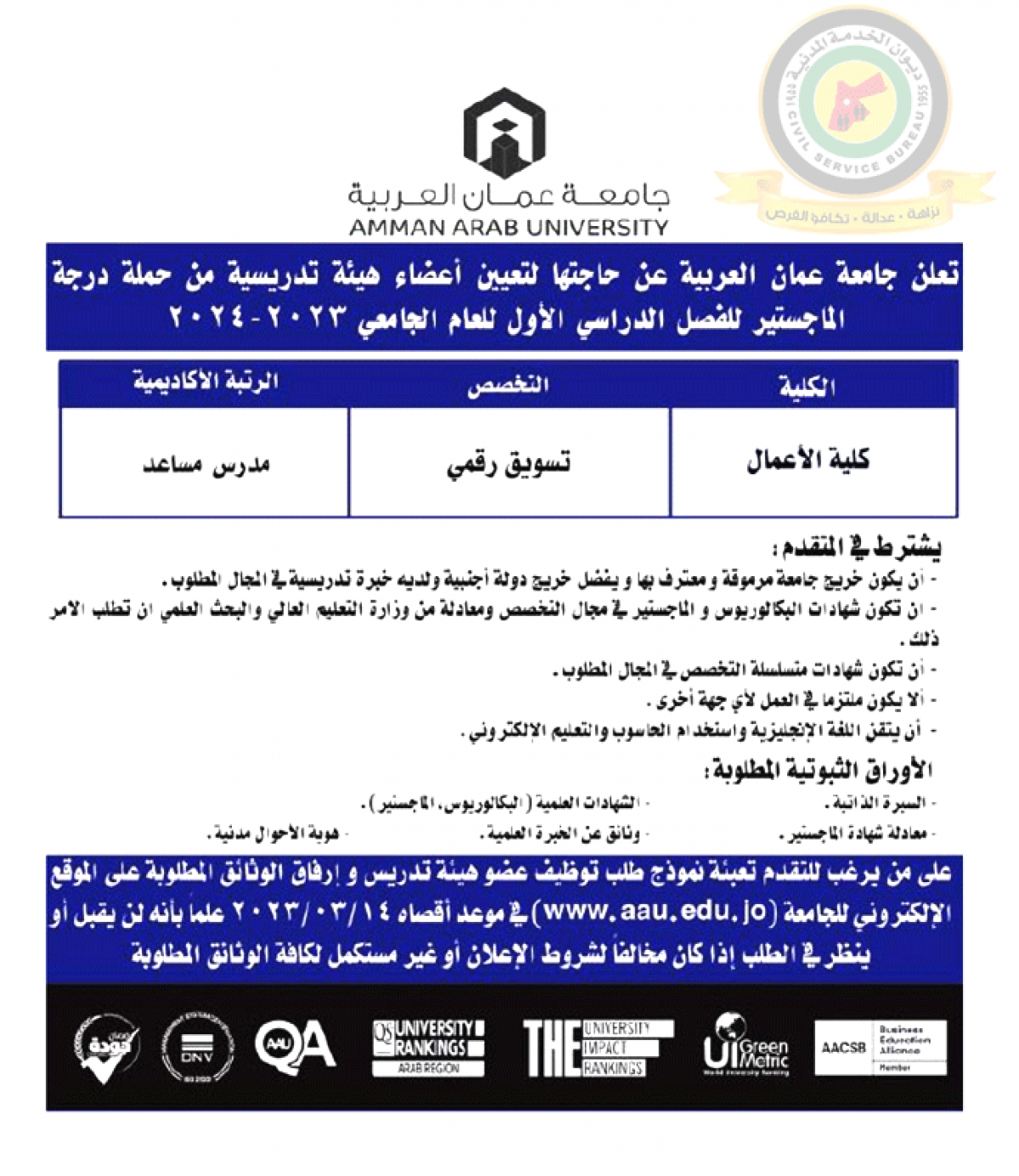“جامعة عمان العربية ” تعلن حاجتها إلى تعيين أعضاء هيئة تدريس - رابط التقديم