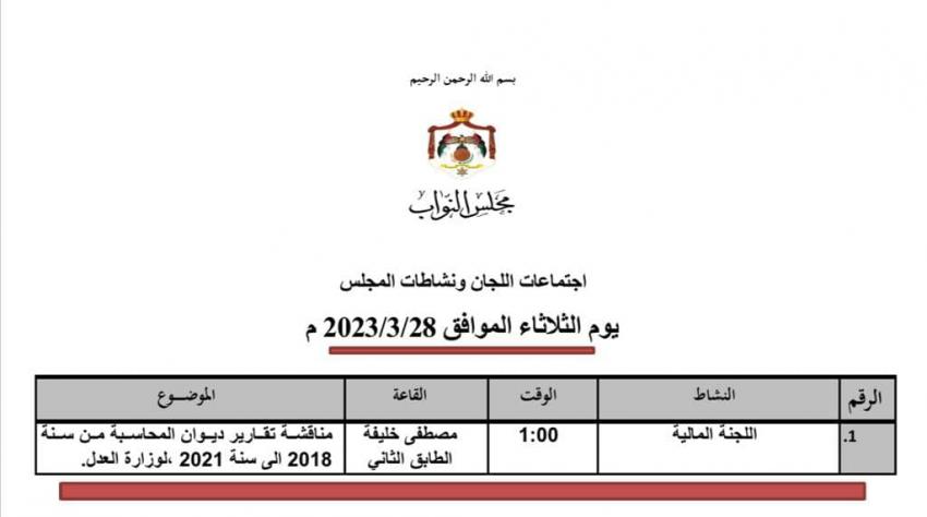 مالية النواب تناقش الثلاثاء تقارير ديوان المحاسبة المتعلقة بوزارة العدل