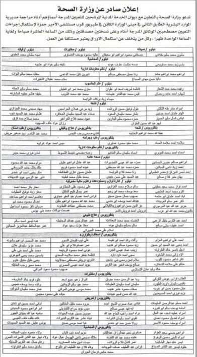 مدعوون لاستكمال إجراءات التعيين في الصحة (أسماء)