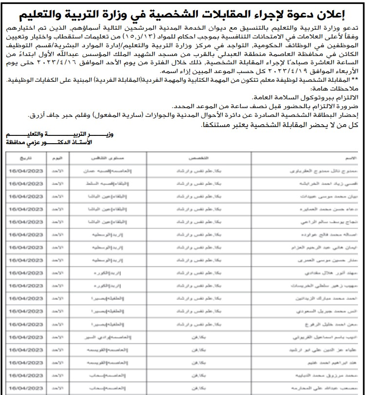 عاجل مدعوون لإجراء المقابلات الشخصية في التربية (أسماء)