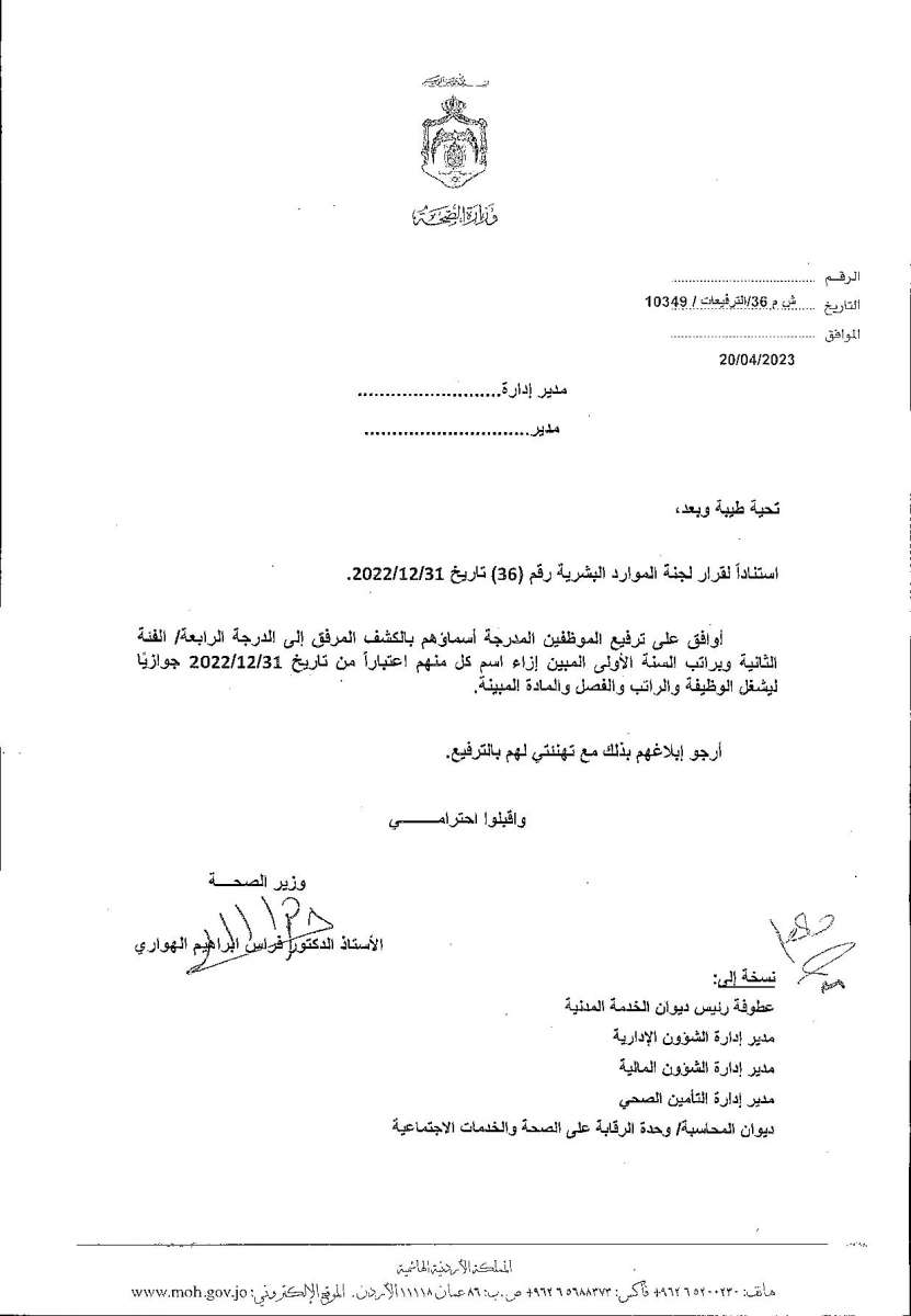 الاردن24 تنشر قائمة الترفيعات  في الصحة - اسماء