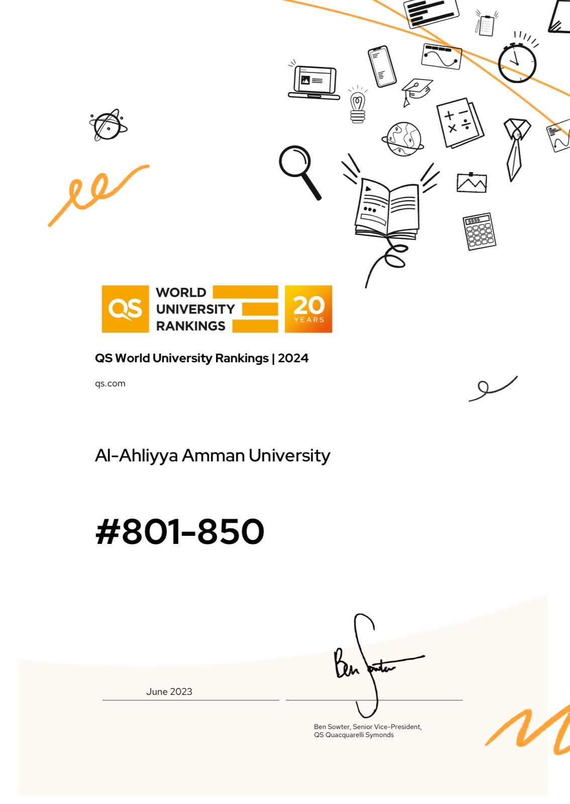 عمان الأهلية في المرتبة الأولى على الجامعات الأردنية الخاصة وضمن أفضل ألف جامعة عالمياً في تصنيف كيو أس 2024