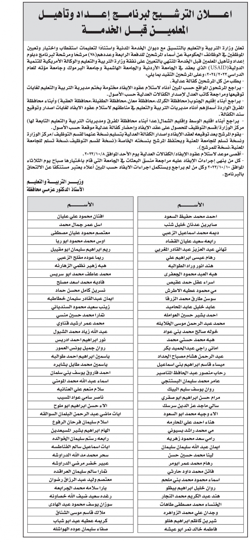  مرشحون لدبلوم إعداد وتأهيل المعلمين قبل الخدمة (أسماء)  