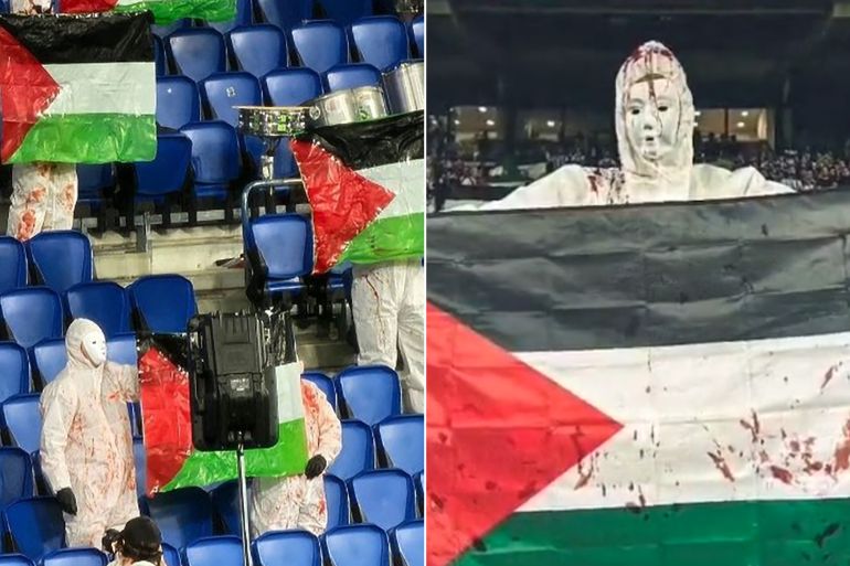 ملابس ملطخة باللون الأحمر وأعلام فلسطين.. تضامن مؤثر من جماهير سوسيداد مع غزة