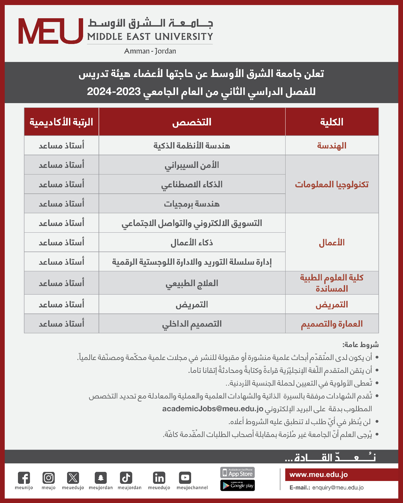 جامعة الشرق الاوسط تعلن حاجتها لتعيين اعضاء هيئة تدريس في عدة تخصصات