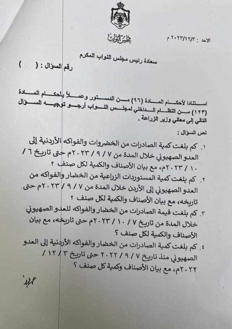 الحنيفات يكشف كميات الخضار الاردنية المصدرة الى الكيان الصهيوني.. ويؤكد: خاطبنا المصدّرين دون استجابة!