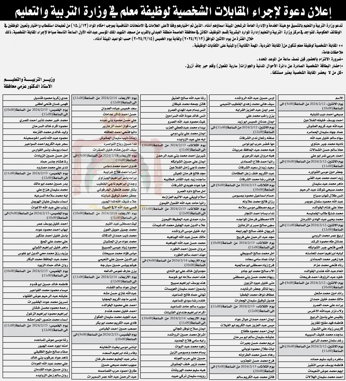 وزارة التربية تدعو عشرات الأردنيين لمقابلات توظيفية (أسماء)