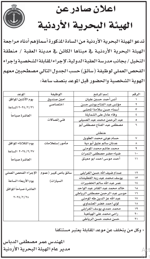 البحرية الأردنية تدعو أردنيين لمقابلات توظيفية (أسماء)