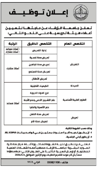 جامعة الزرقاء تعلن عن حاجتها لتعيين أعضاء هيئة تدريس