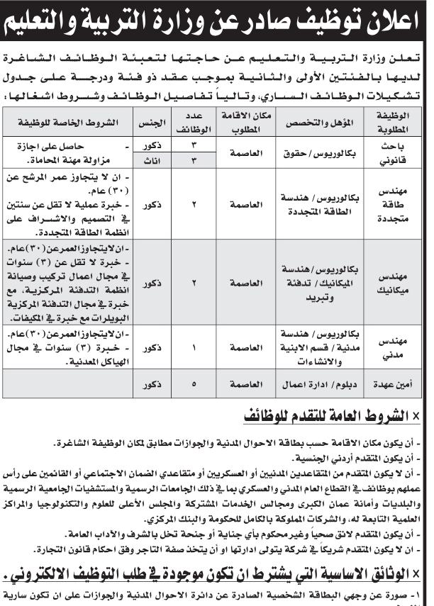 وزارة التربية تعلن حاجتها لتعيين أردنيين في وظائف متنوعة (تفاصيل)