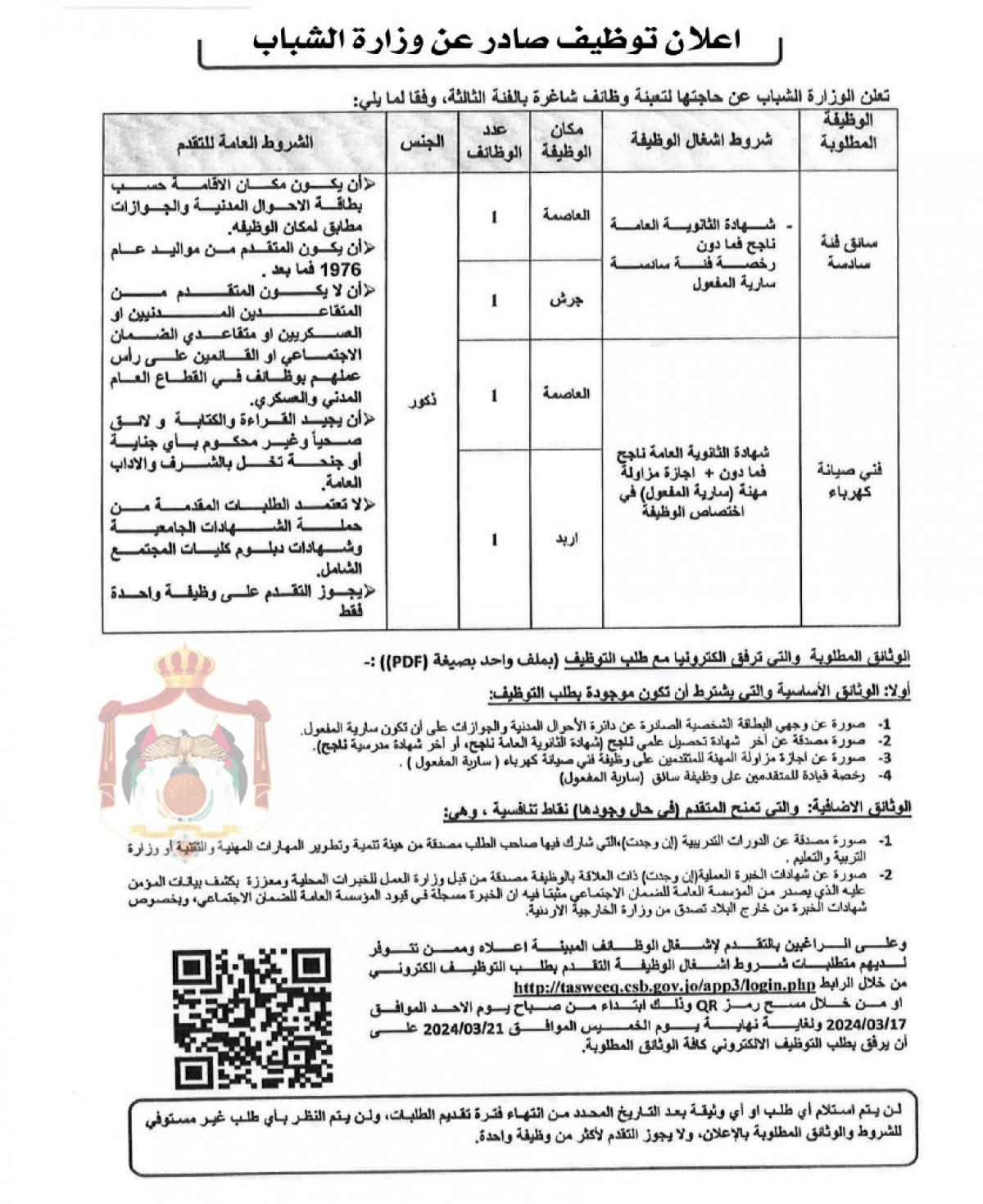 وزارة الشباب تعلن حاجتها لسائقين وفنيين (تفاصيل)