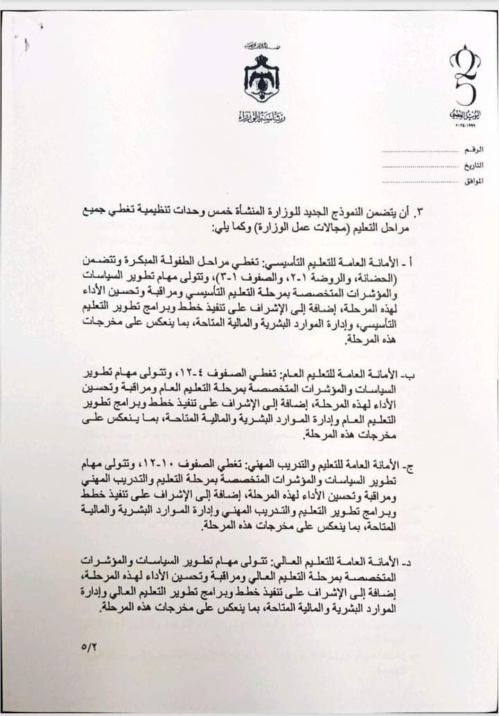 12 مديرية بدلا من 42 و5 امناء عامون .. تفاصيل استحداث وزارة التربية والموارد البشرية