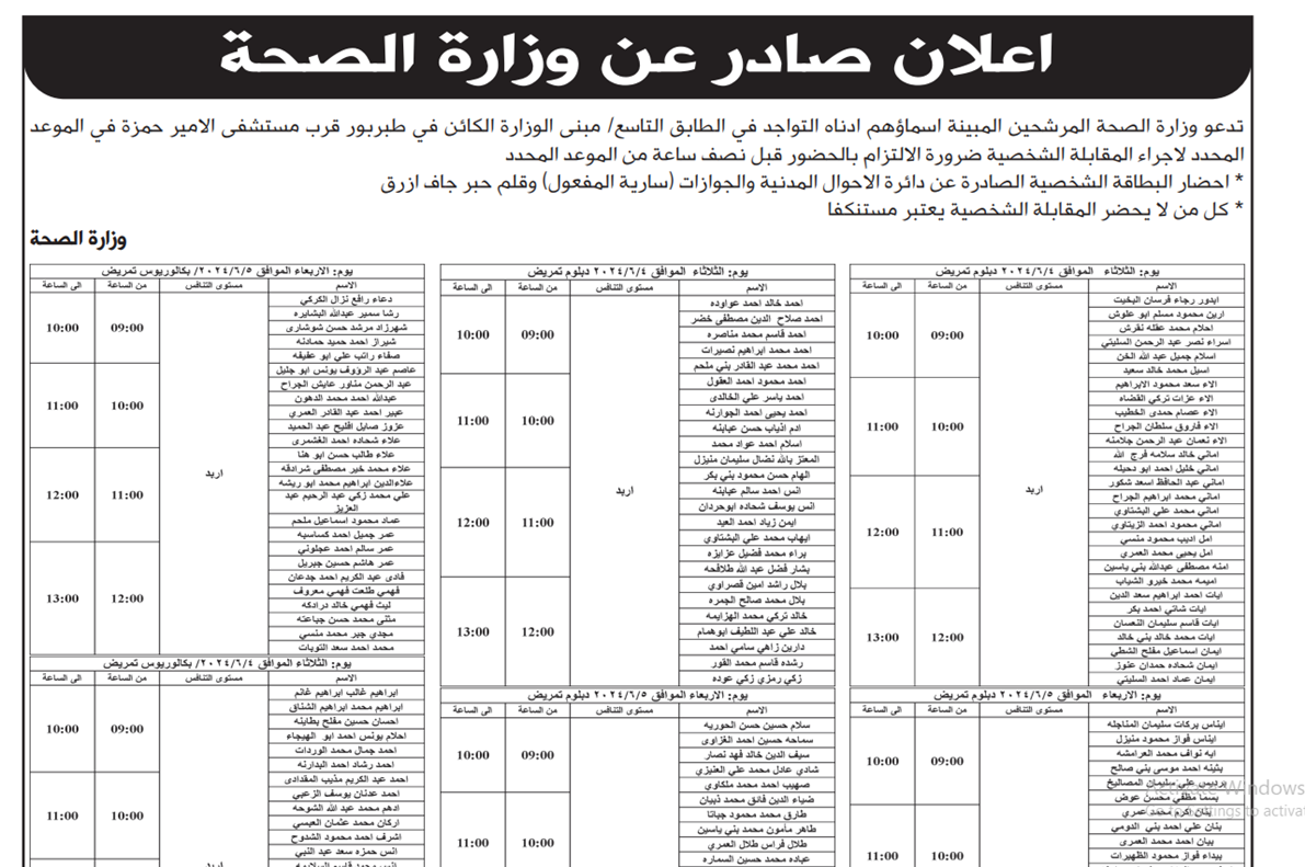   الصحة تدعو دفعة كبيرة لإجراء المقابلات الشخصية - اسماء