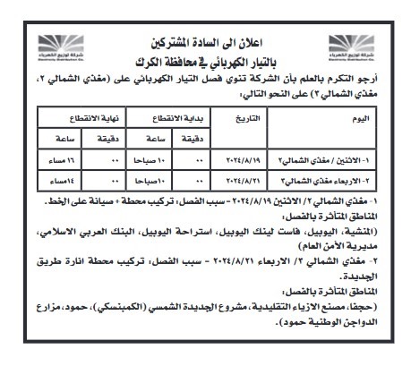 فصل التيار الكهربائي عن مناطق واسعة الأسبوع المقبل - أسماء