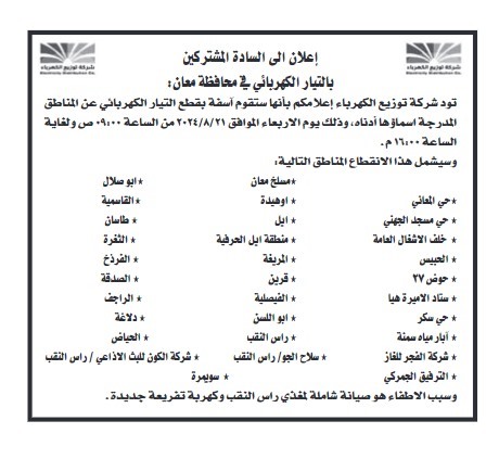 فصل التيار الكهربائي عن مناطق واسعة الأسبوع المقبل - أسماء