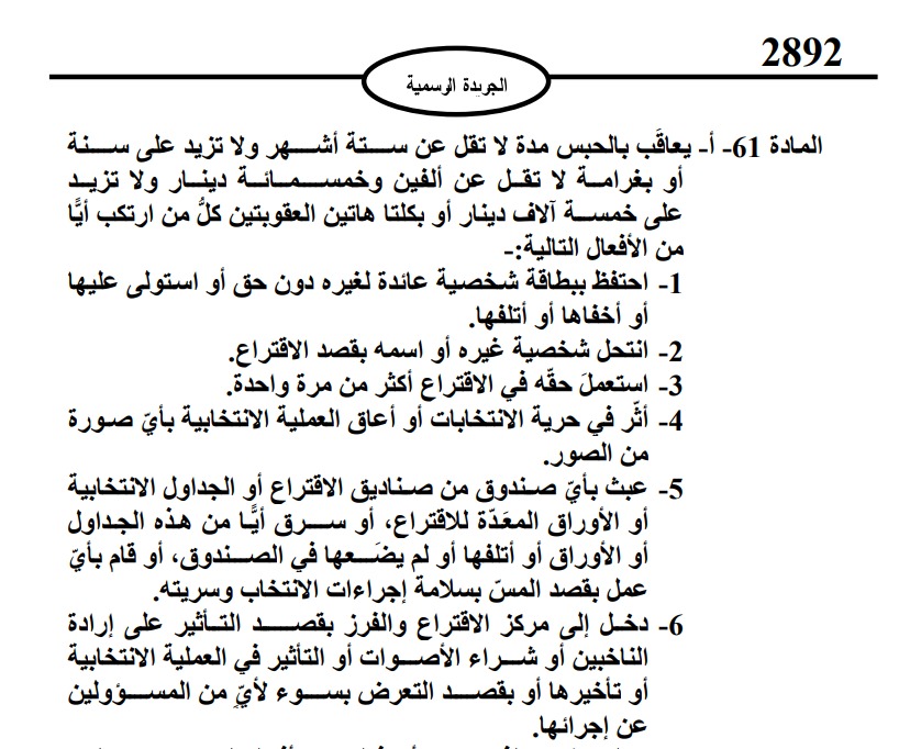 اتلاف الخصاونة اوراق الاقتراع جريمة تستوجب العقوبة وفق المادة (61 /5).. والهيئة مطالبة بانفاذ القانون