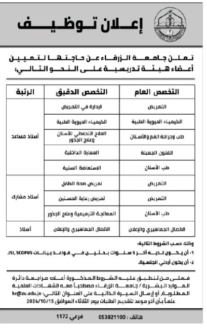 الزرقاء الأهلية تعلن حاجتها لتعيين أعضاء هيئة تدريسية في تخصصات متنوعة (تفاصيل)