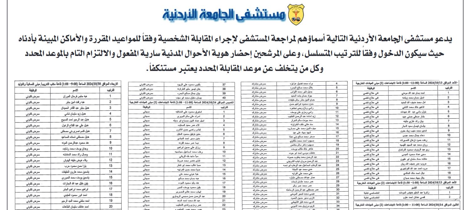 مستشفى الجامعة الأردنية يعلن مواعيد المقابلات التوظيفية لمئات المتخصصين في الصيدلة والتمريض وتخصصات طبية أخرى (أسماء)