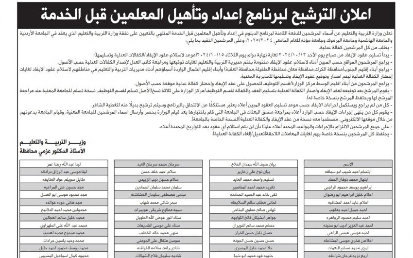 إعلان الدفعة الثامنة لمرشحي برنامج إعداد وتأهيل المعلمين - أسماء