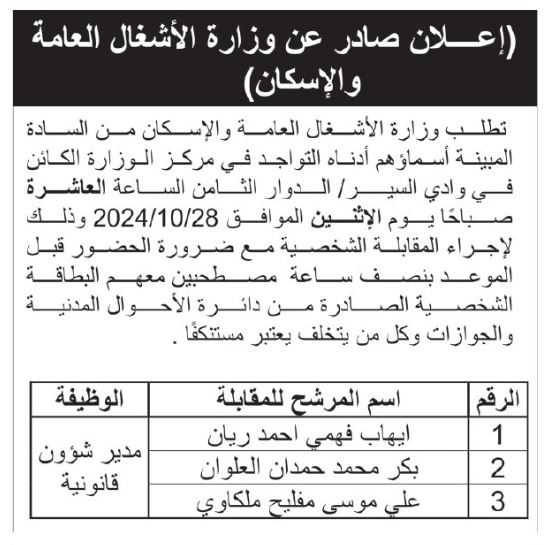 مدعوون لإجراء مقابلات شخصية وحضور الامتحان التنافسي (أسماء)