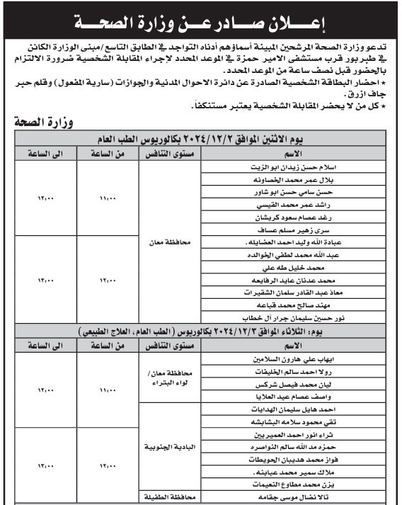 مدعوون لإجراء مقابلات شخصية وحضور الامتحان التنافسي (أسماء)