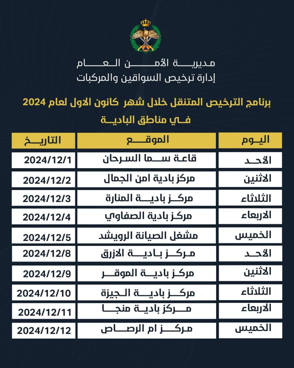 الأمن العام ينشر جدول الترخيص المتنقل في البادية، بدءاً من الأحد