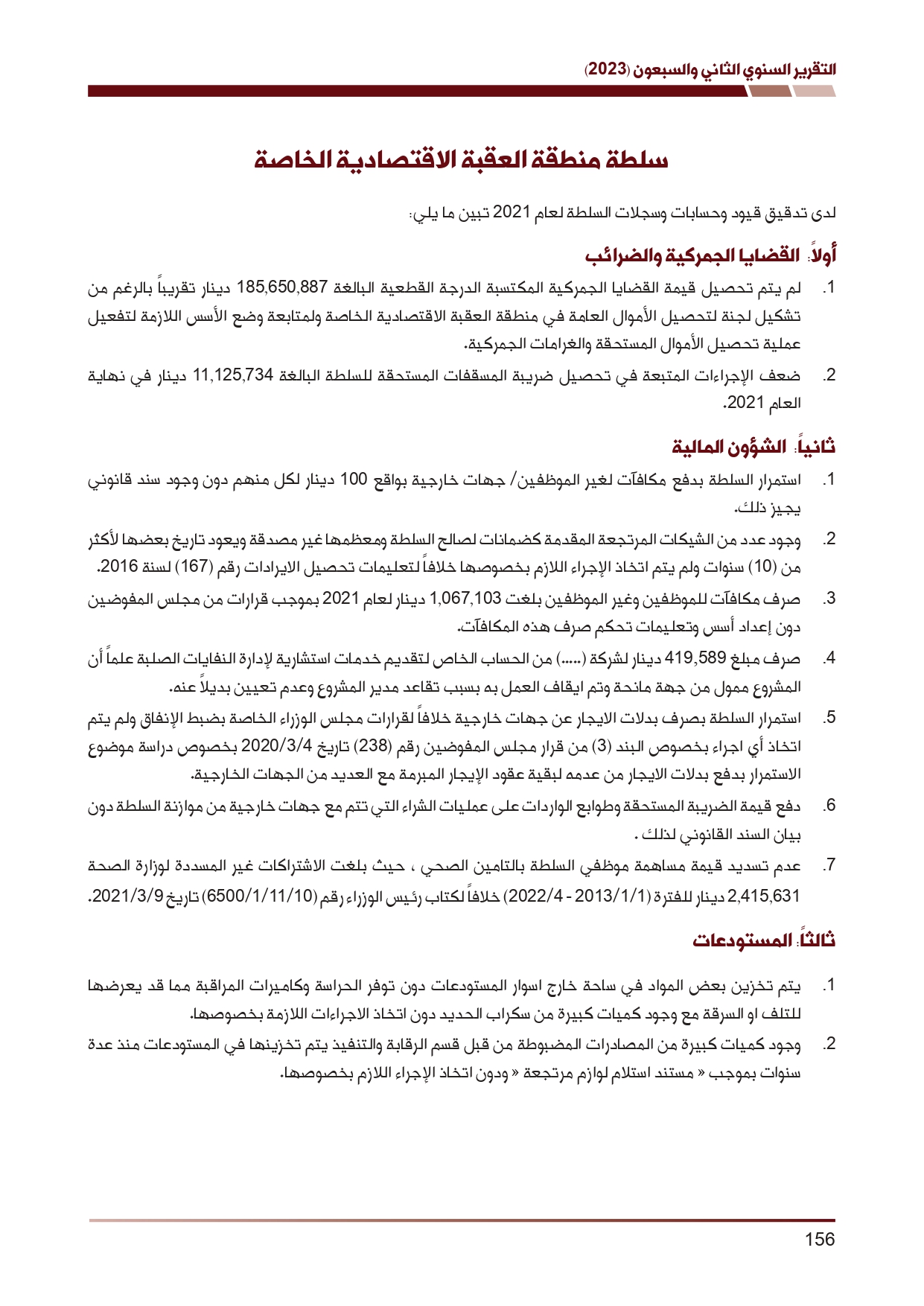 ديوان المحاسبة يكشف عن ملاحظات بملايين الدنانير حول سلطة العقبة الاقتصادية الخاصة