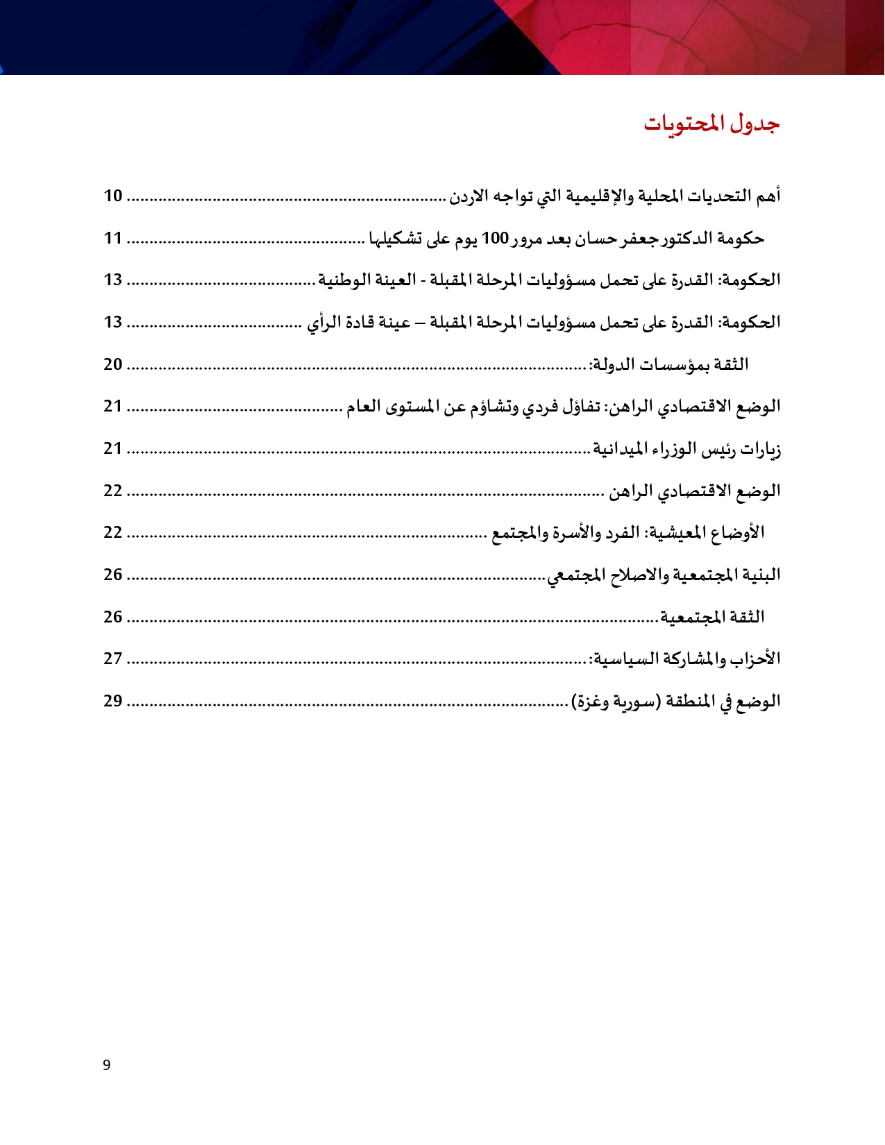 استطلاع: اكثر من نصف الاردنيين يرون الامور تسير باتجاه سلبي.. وتراجع نسبة من يرون الحكومة قادرة على تحمل مسؤولياتها