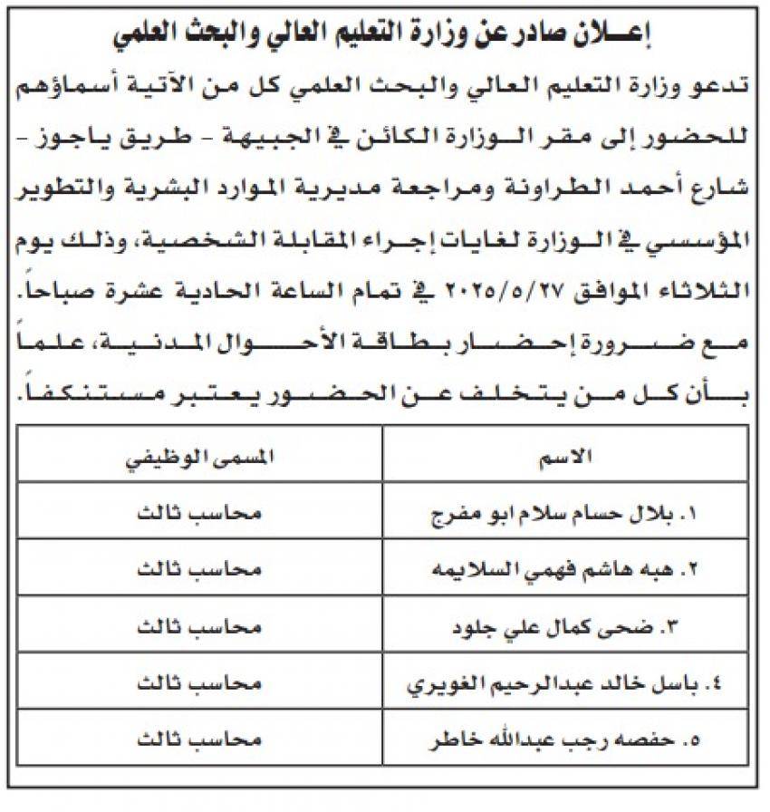 وظائف شاغرة ومدعوون لإجراء مقابلات شخصية (أسماء)