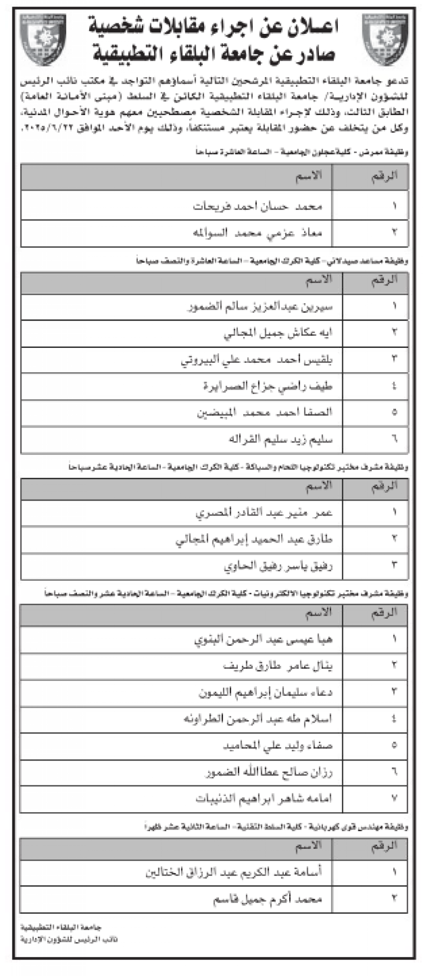 شواغر وظيفية ومدعوون لإجراء المقابلات (أسماء)