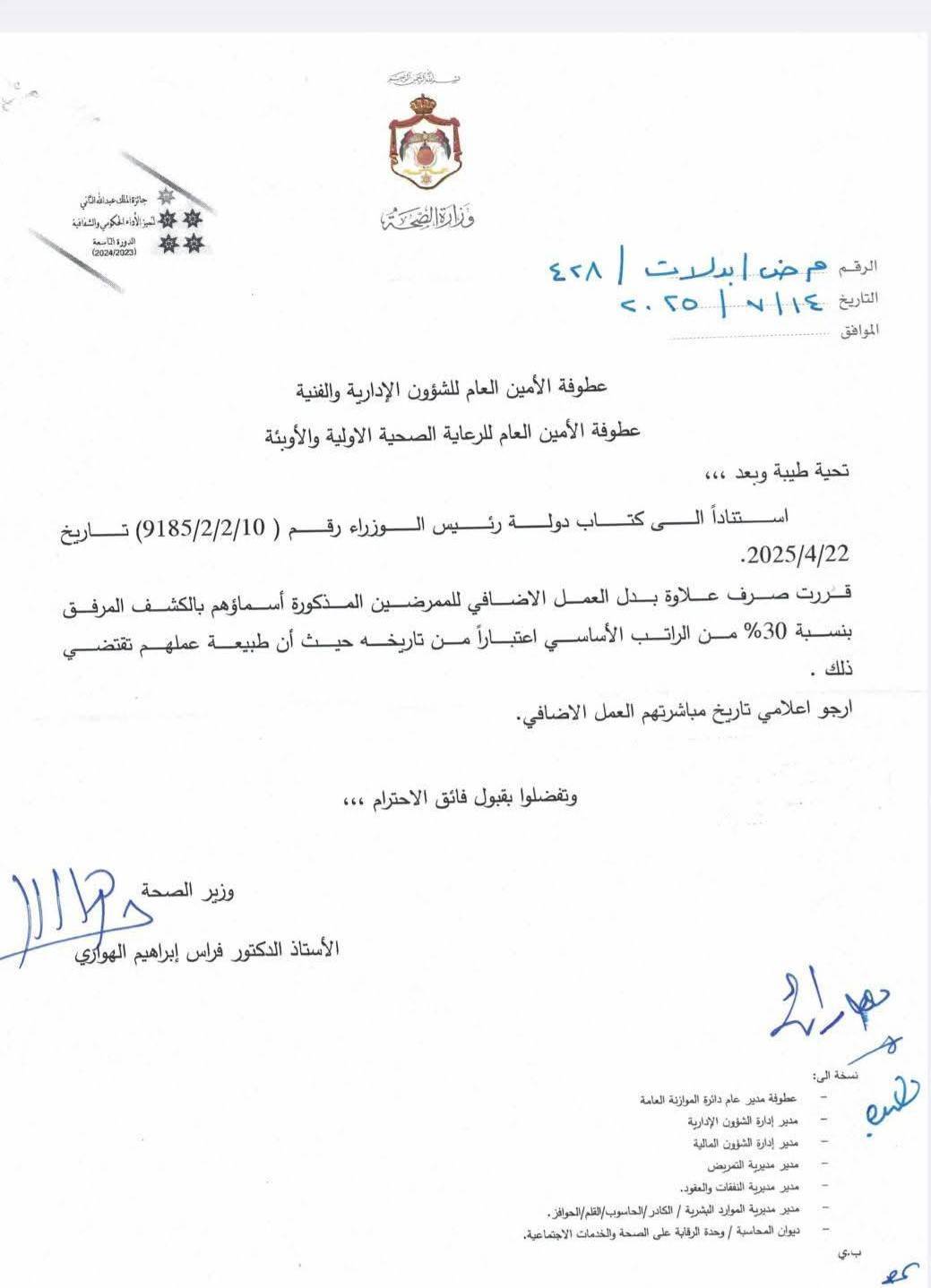 صرف علاوة بدل العمل الاضافي للممرضين -اسماء