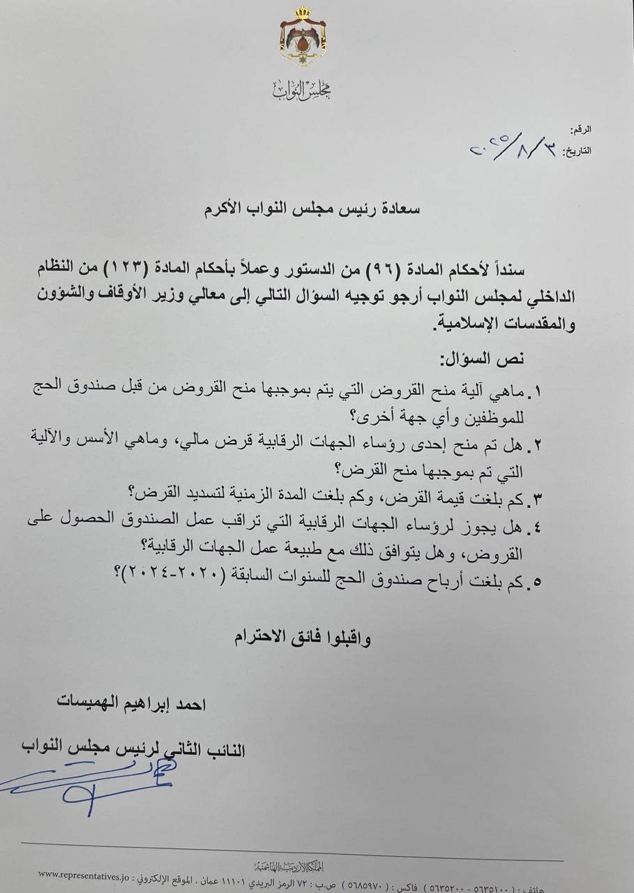 الهميسات يوجه سؤالاً نيابياً حول آلية منح القروض من صندوق الحج  