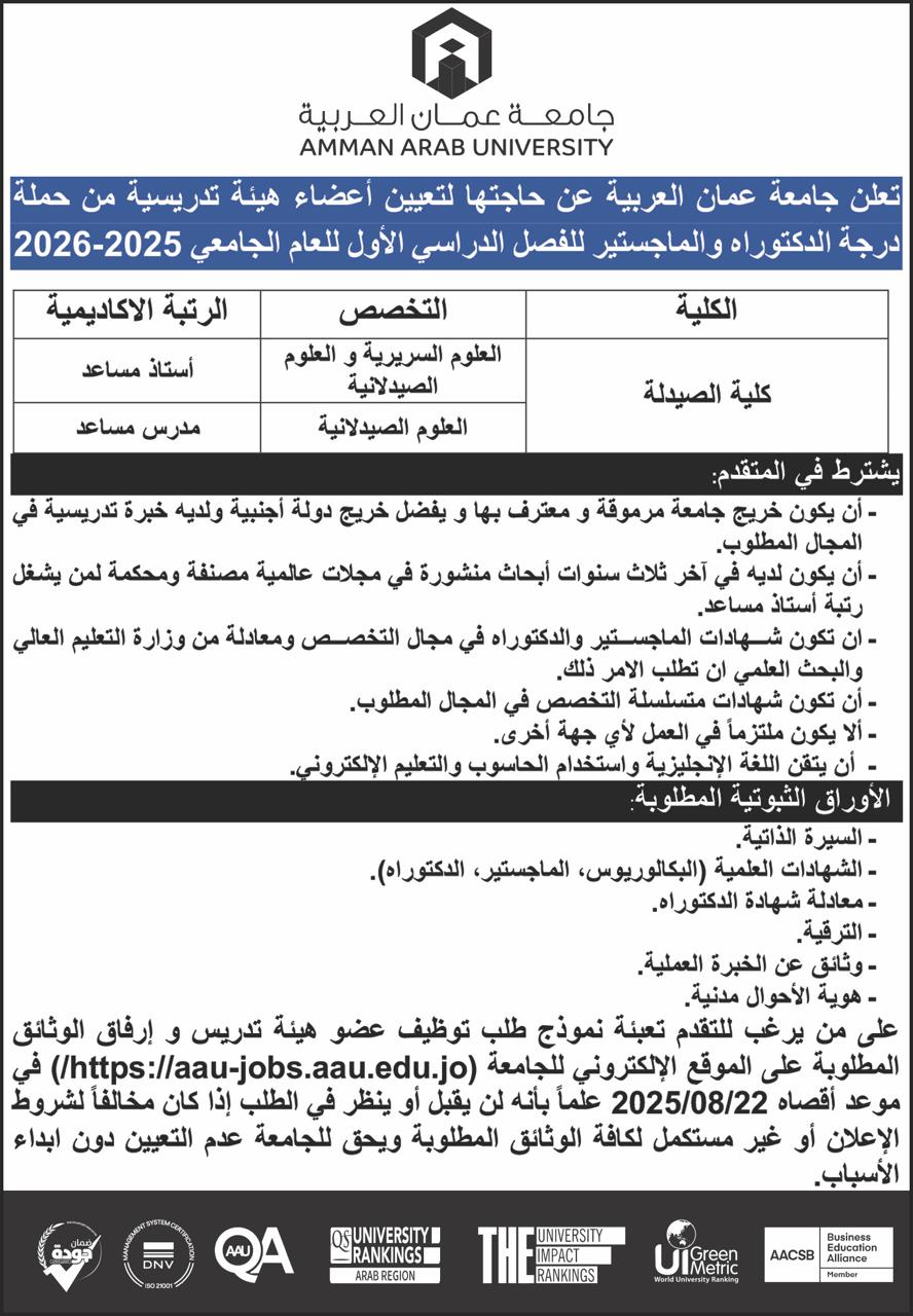 عمان العربية تعلن حاجتها لتعيين أعضاء هيئة تدريسية (تفاصيل)