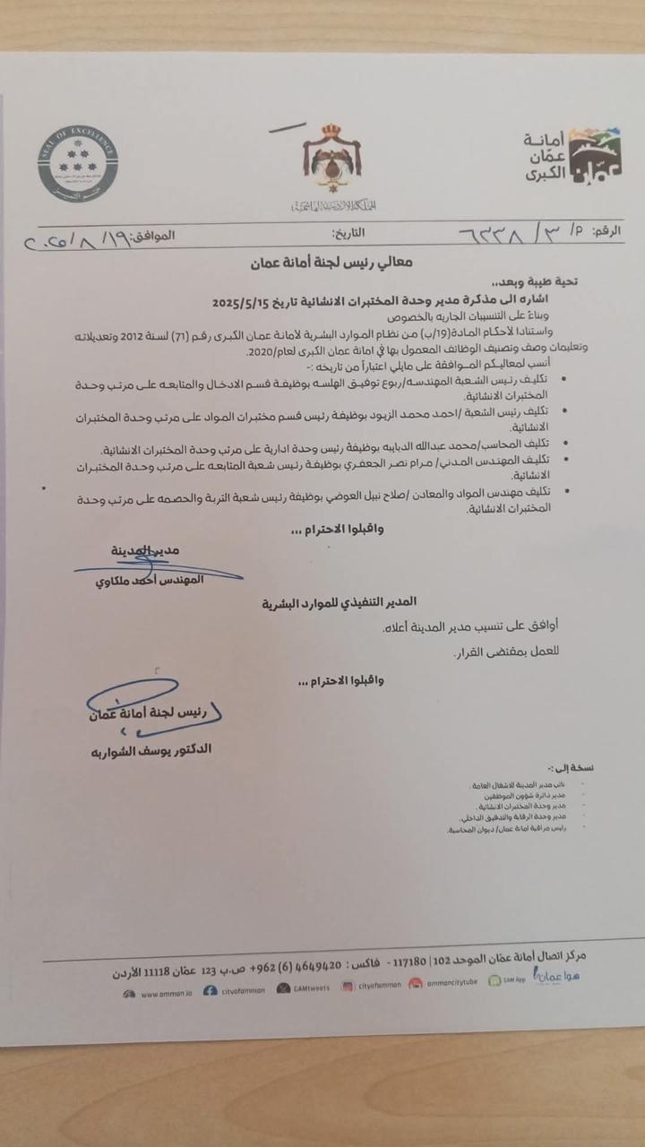 الشواربة يوافق على تكليف مدراء ورؤساء اقسام في امانة عمان - اسماء