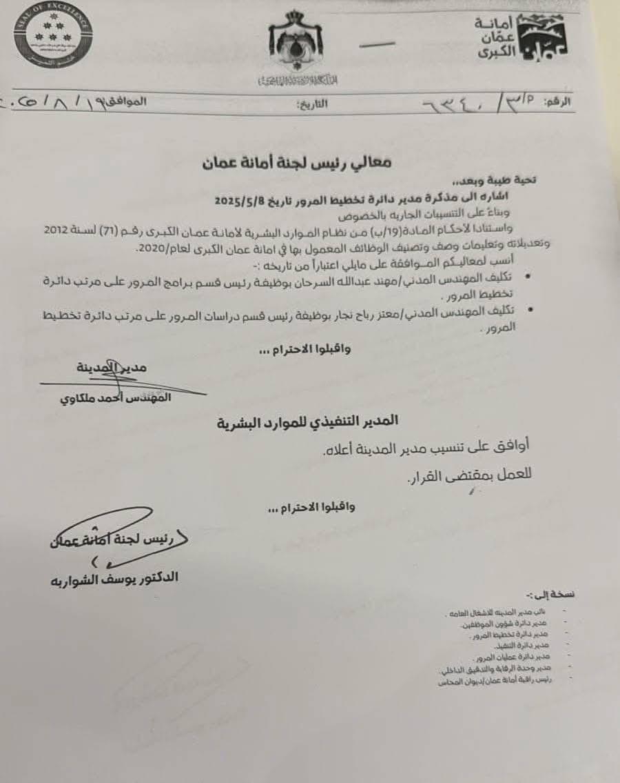 الشواربة يوافق على تكليف مدراء ورؤساء اقسام في امانة عمان - اسماء