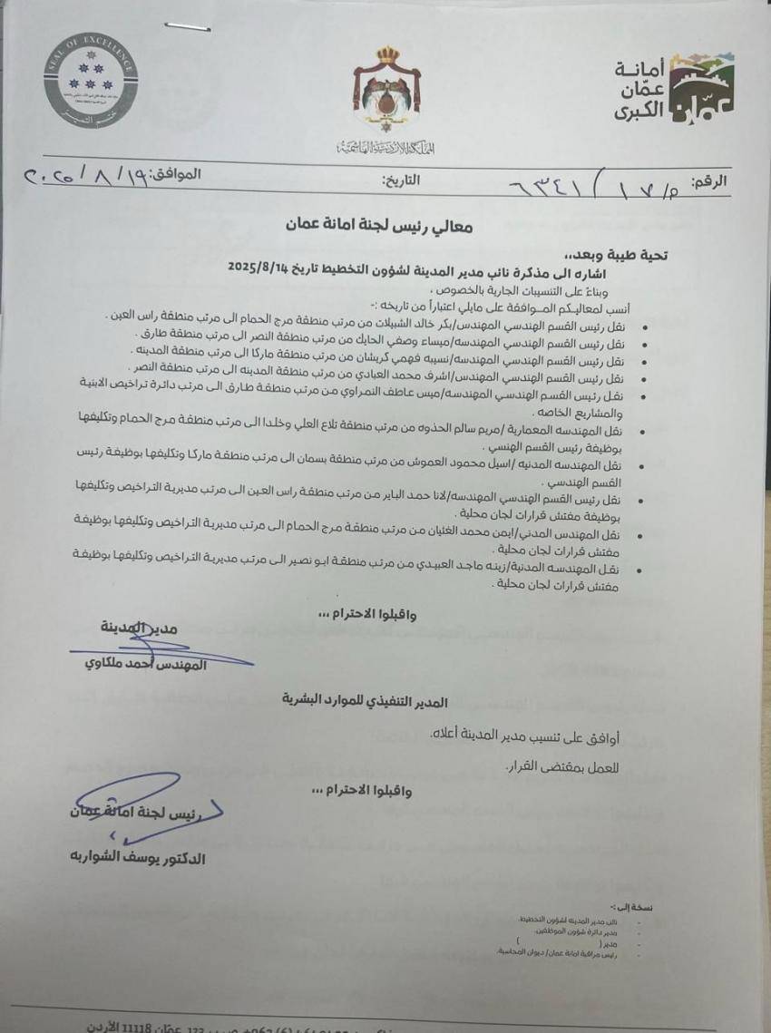 تنقلات واسعة في أمانة عمان الكبرى (اسماء)