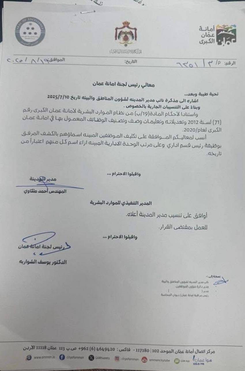 تنقلات واسعة في أمانة عمان الكبرى (اسماء)