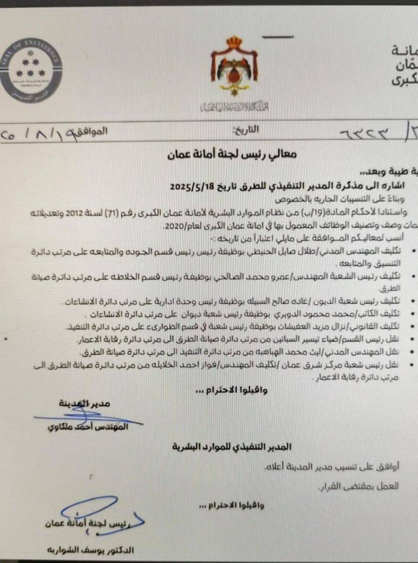 تنقلات واسعة في أمانة عمان الكبرى (اسماء)