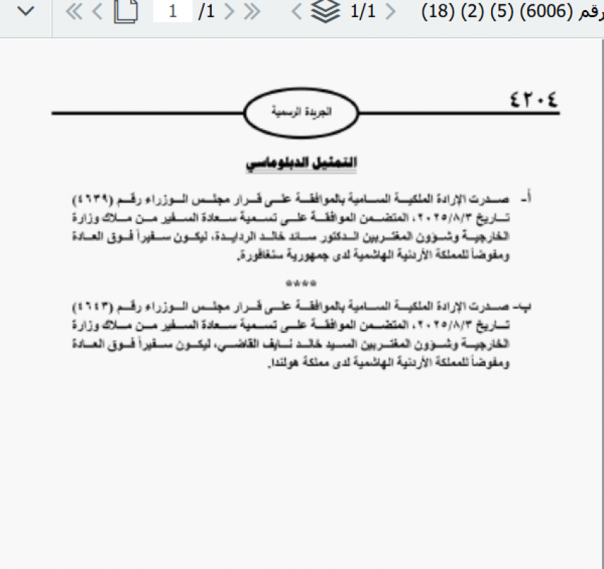 الردايدة والقاضي سفيران فوق العادة في سنغافورة وهولندا