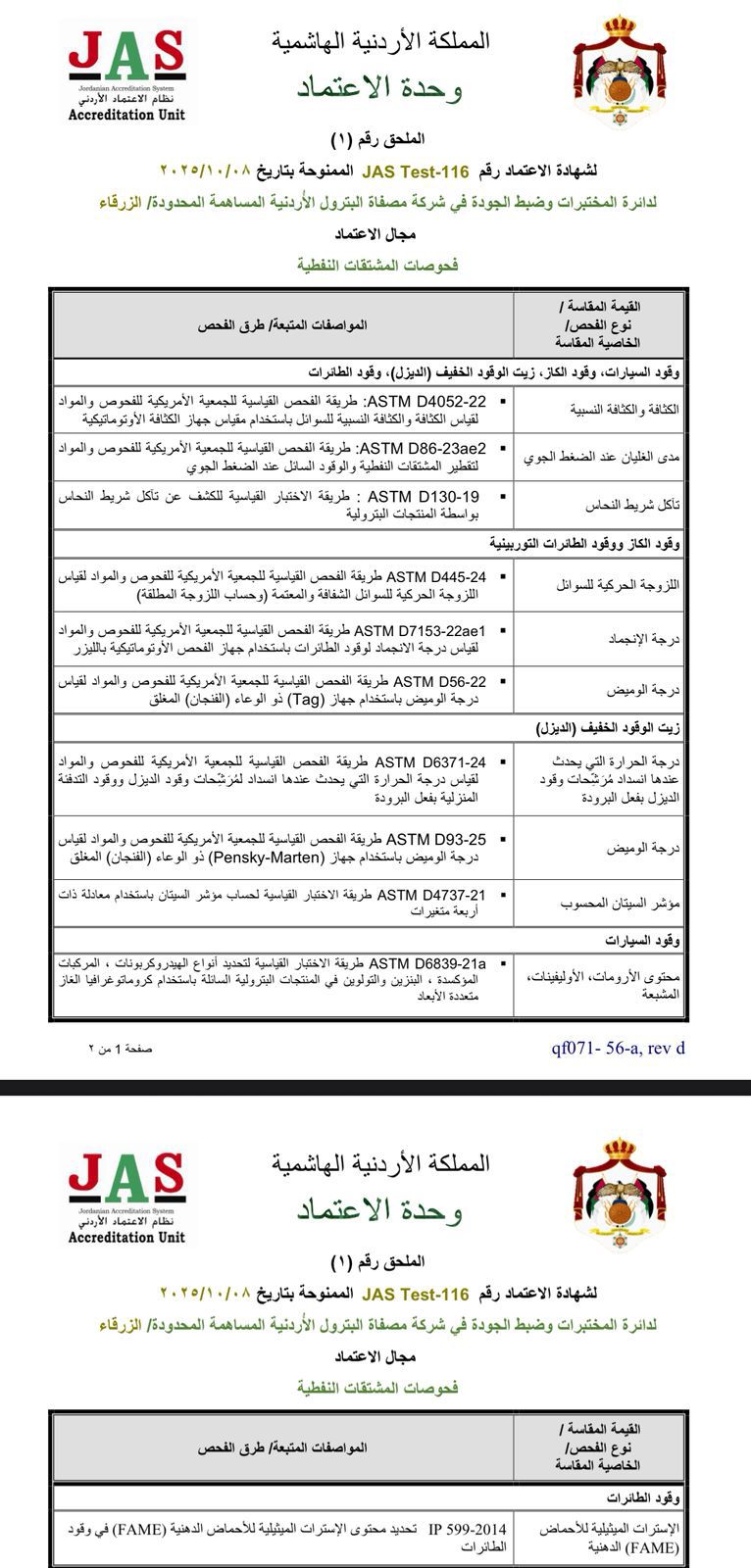 استكمال مختبرات شركة مصفاة البترول الأردنية متطلبات المواصفات الدولية للمشتقات النفطية