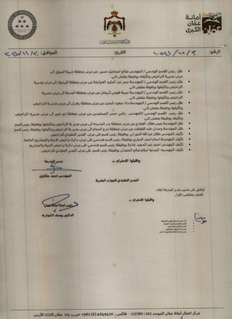 أمانة عمان تعلن تنقلات وتكليفات جديدة وهيكلة إدارية لهذه الدوائر - أسماء